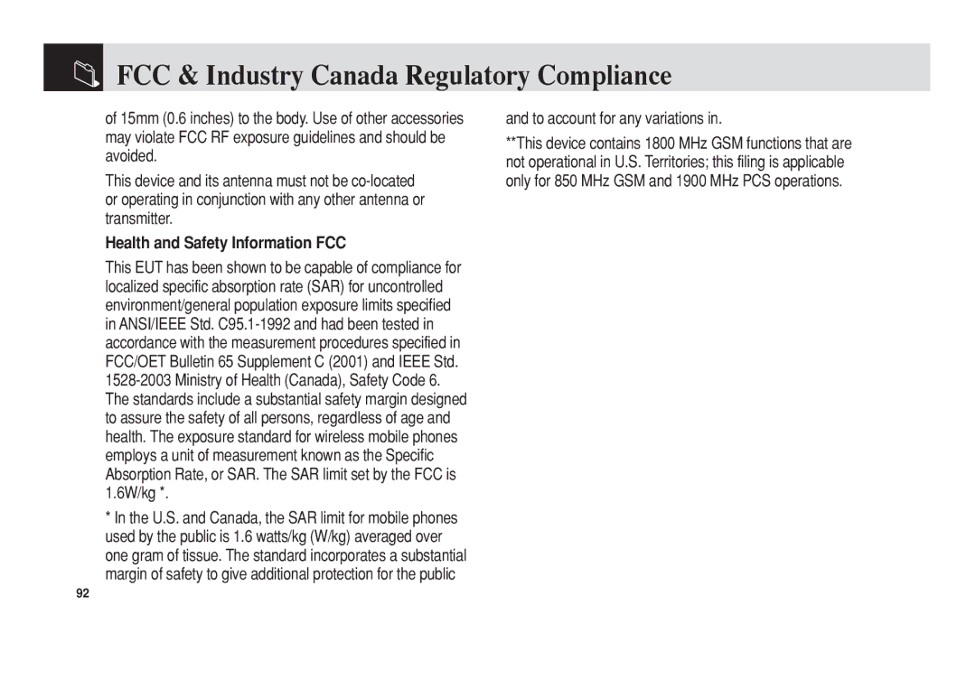 Pantech C3 FCC & Industry Canada Regulatory Compliance, Health and Safety Information FCC, To account for any variations 