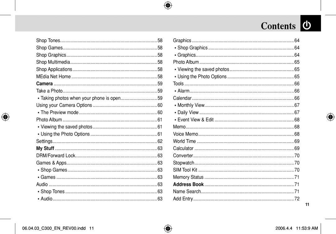 Pantech C300 manual Contents 