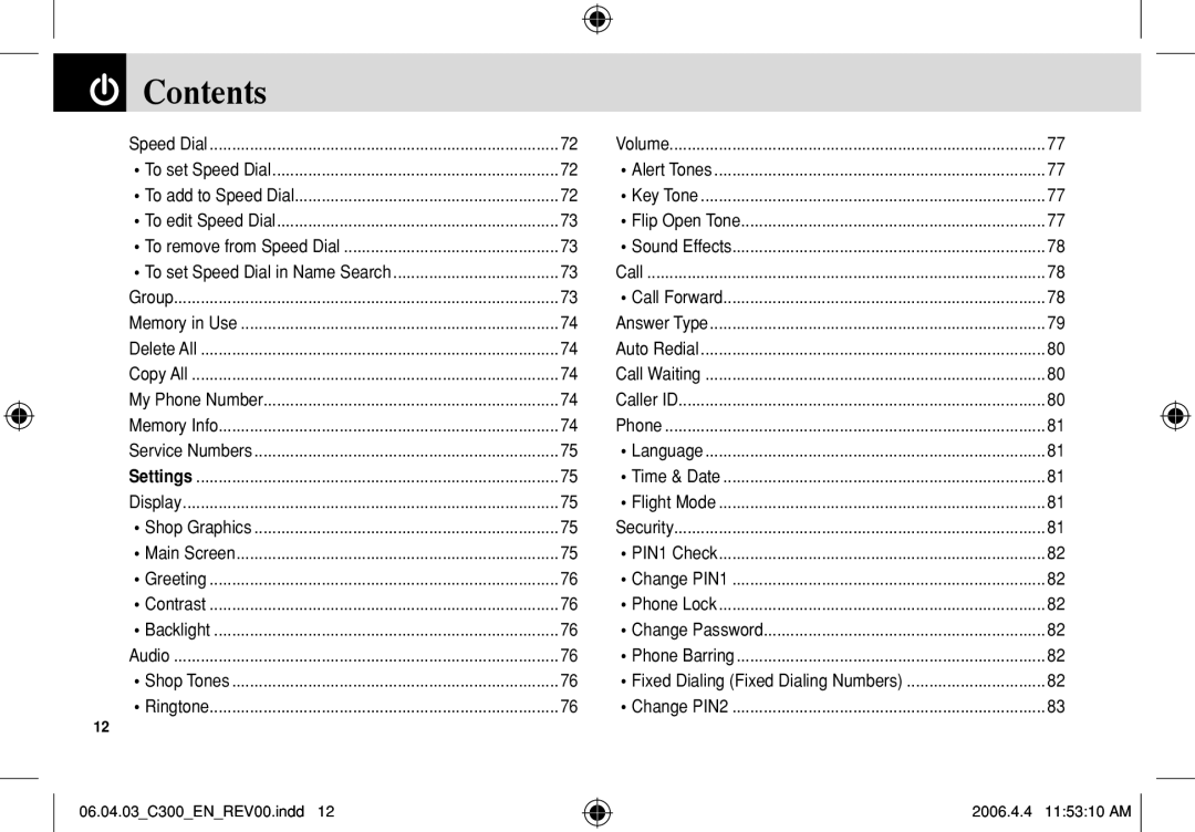 Pantech C300 manual Contents 