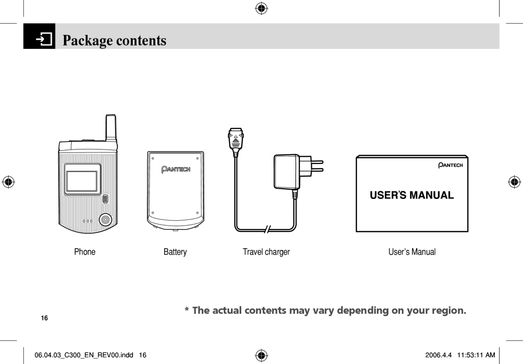 Pantech C300 manual Package contents 