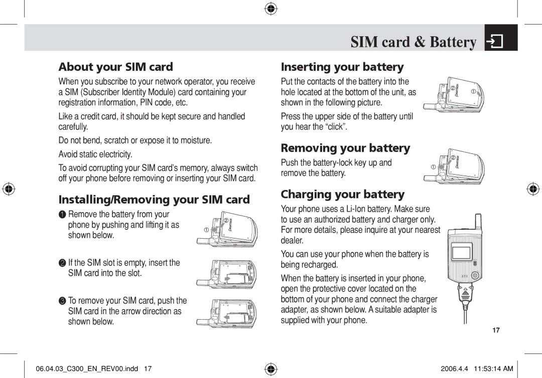 Pantech C300 manual SIM card & Battery 