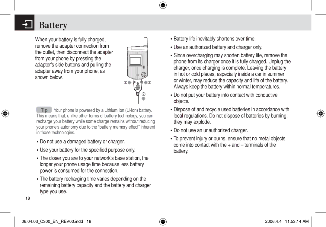 Pantech C300 manual Battery, Do not put your battery into contact with conductive objects 