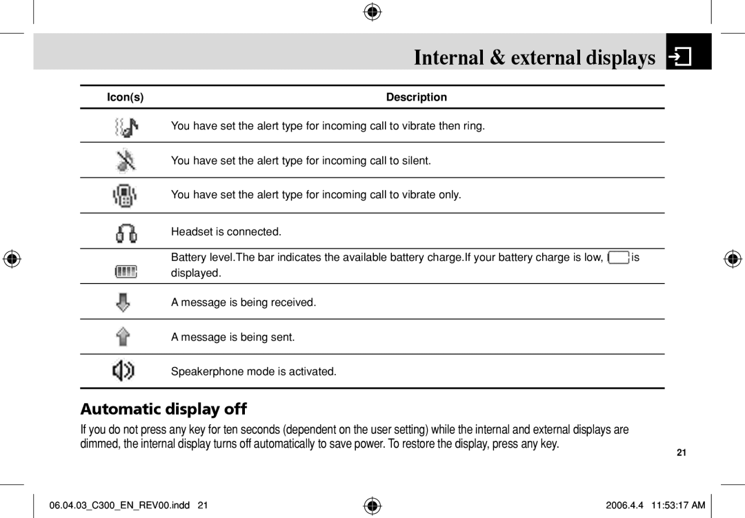 Pantech C300 manual Automatic display off 