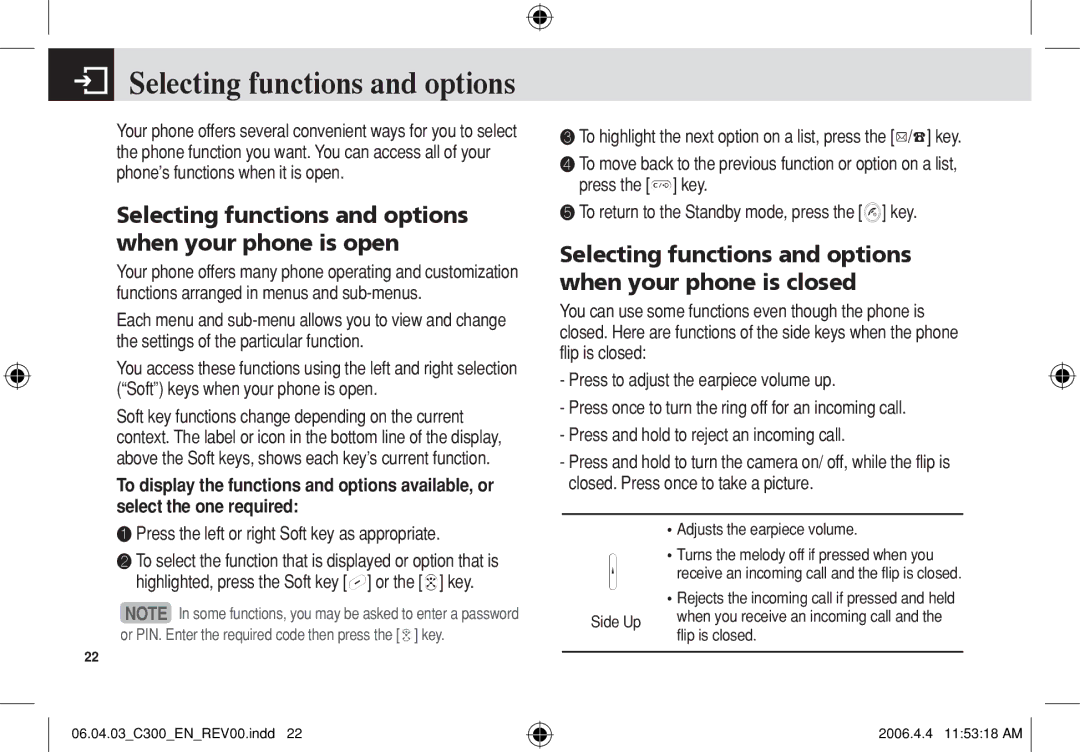 Pantech C300 manual Selecting functions and options when your phone is open 