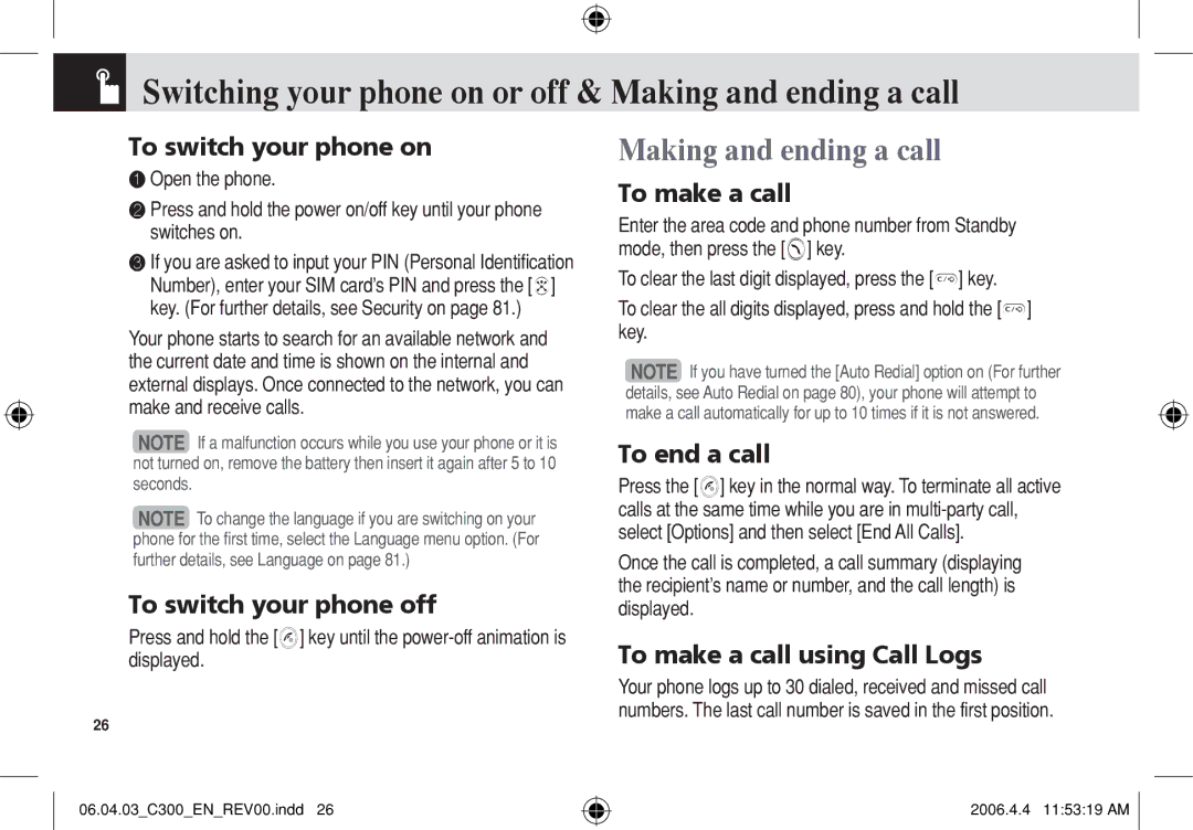 Pantech C300 manual Switching your phone on or off & Making and ending a call 