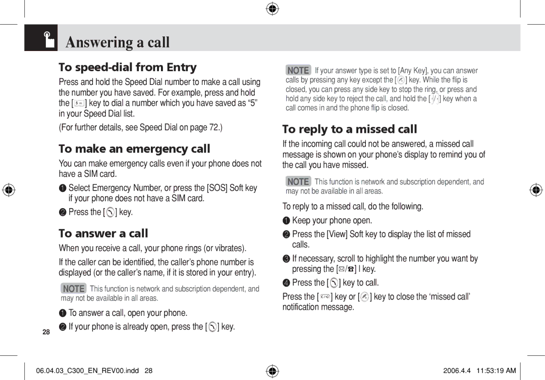 Pantech C300 manual Answering a call, To speed‐dial from Entry, To make an emergency call, To answer a call 