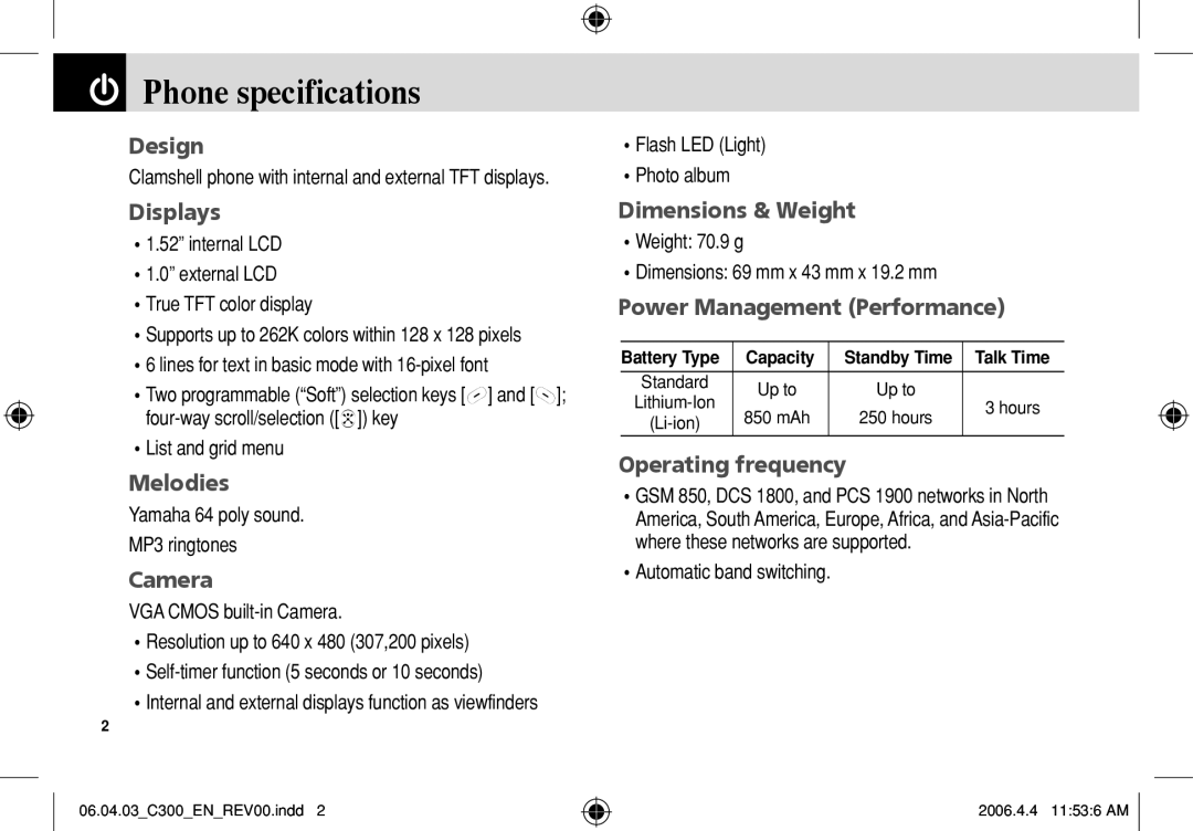 Pantech C300 manual Phone specifications 