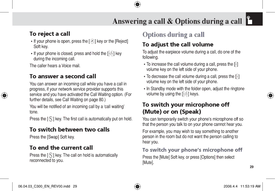 Pantech C300 manual Options during a call 