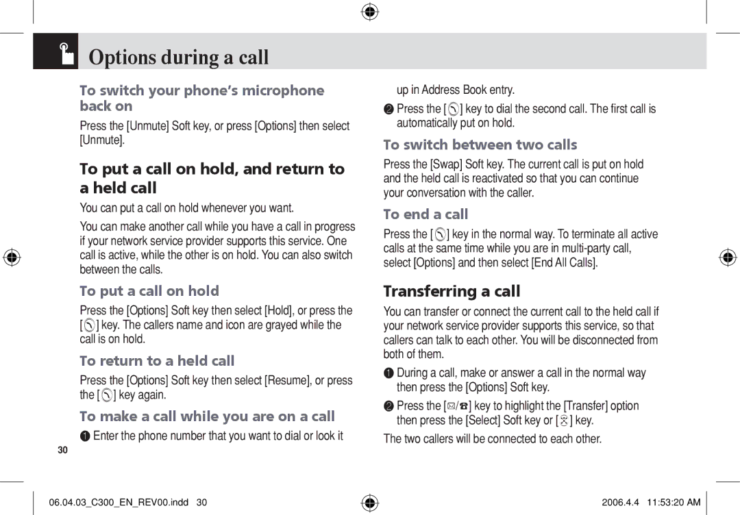 Pantech C300 manual Options during a call, To put a call on hold, and return to a held call, Transferring a call 