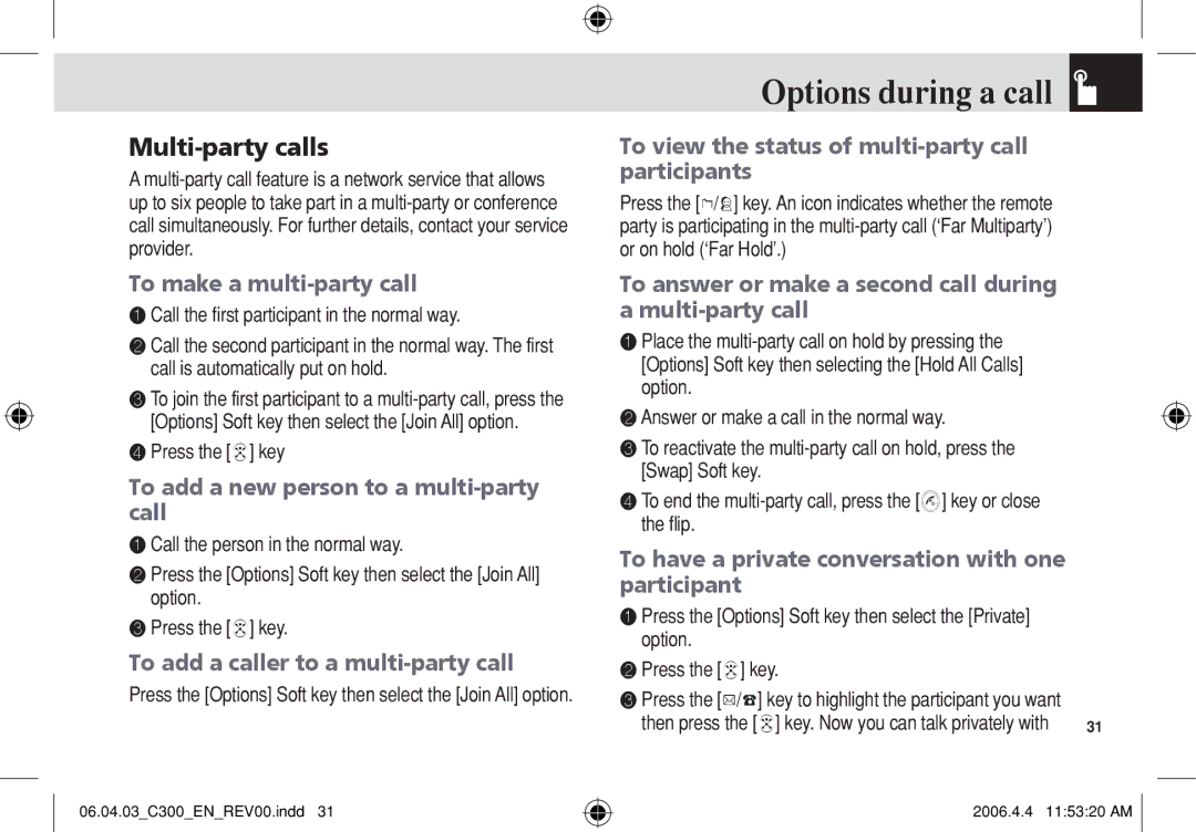 Pantech C300 manual Multi‐party calls 