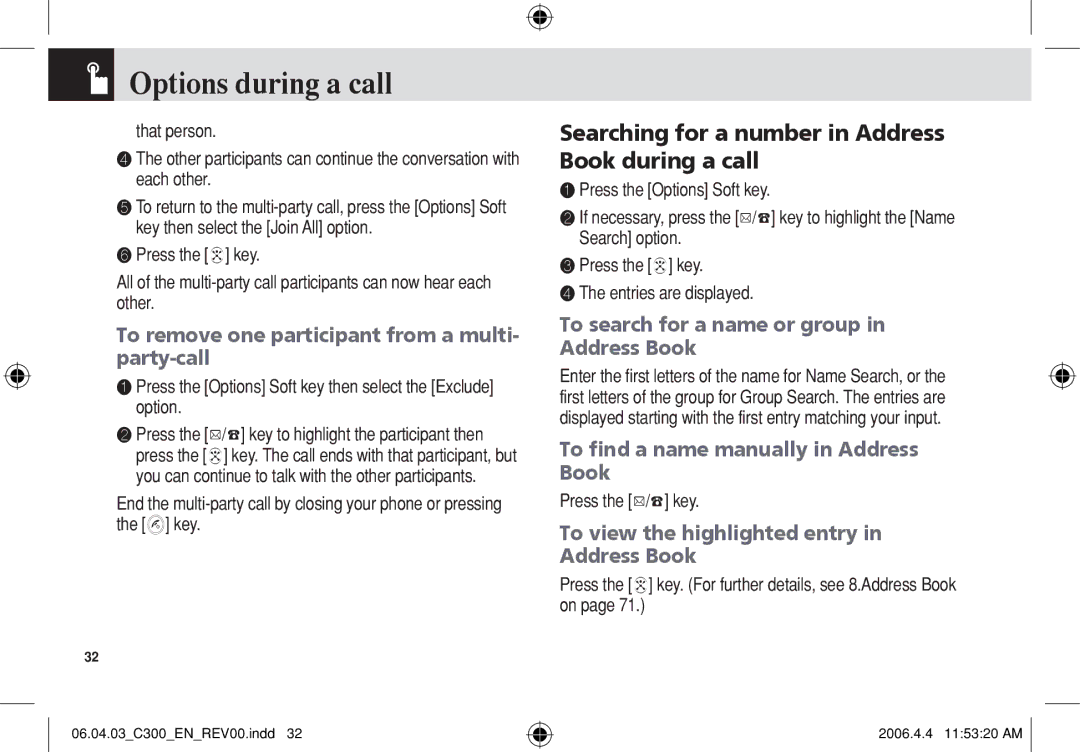 Pantech C300 Searching for a number in Address Book during a call, To remove one participant from a multi‐ party‐call 