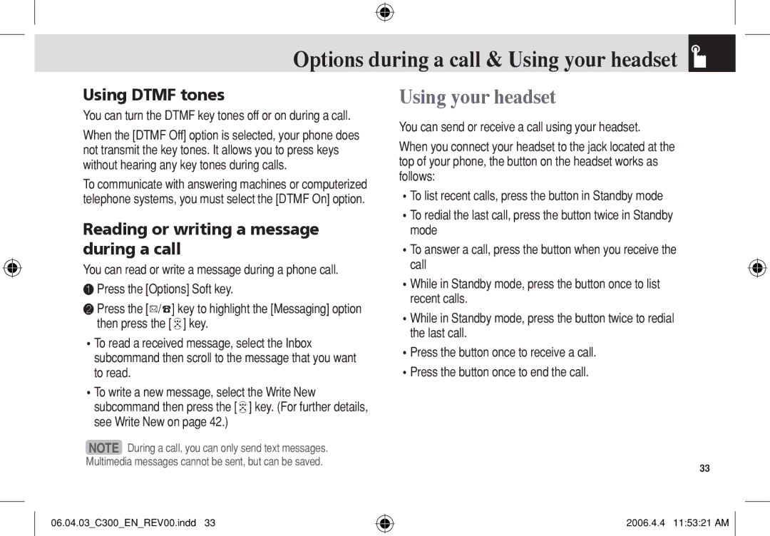 Pantech C300 manual Using your headset, Using Dtmf tones, Reading or writing a message during a call 