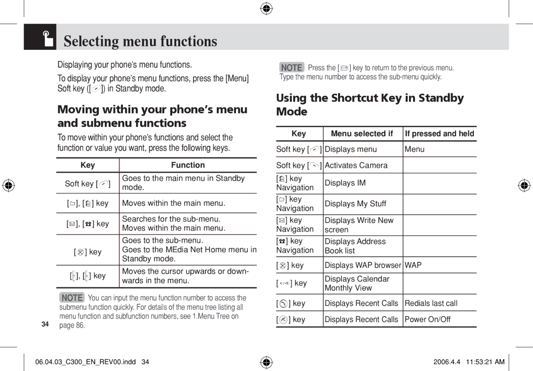 Pantech C300 Selecting menu functions, Moving within your phone’s menu and submenu functions, Soft key in Standby mode 