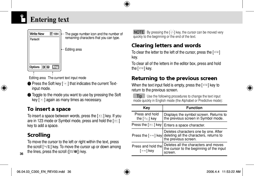 Pantech C300 Entering text, To insert a space, Scrolling, Clearing letters and words, Returning to the previous screen 