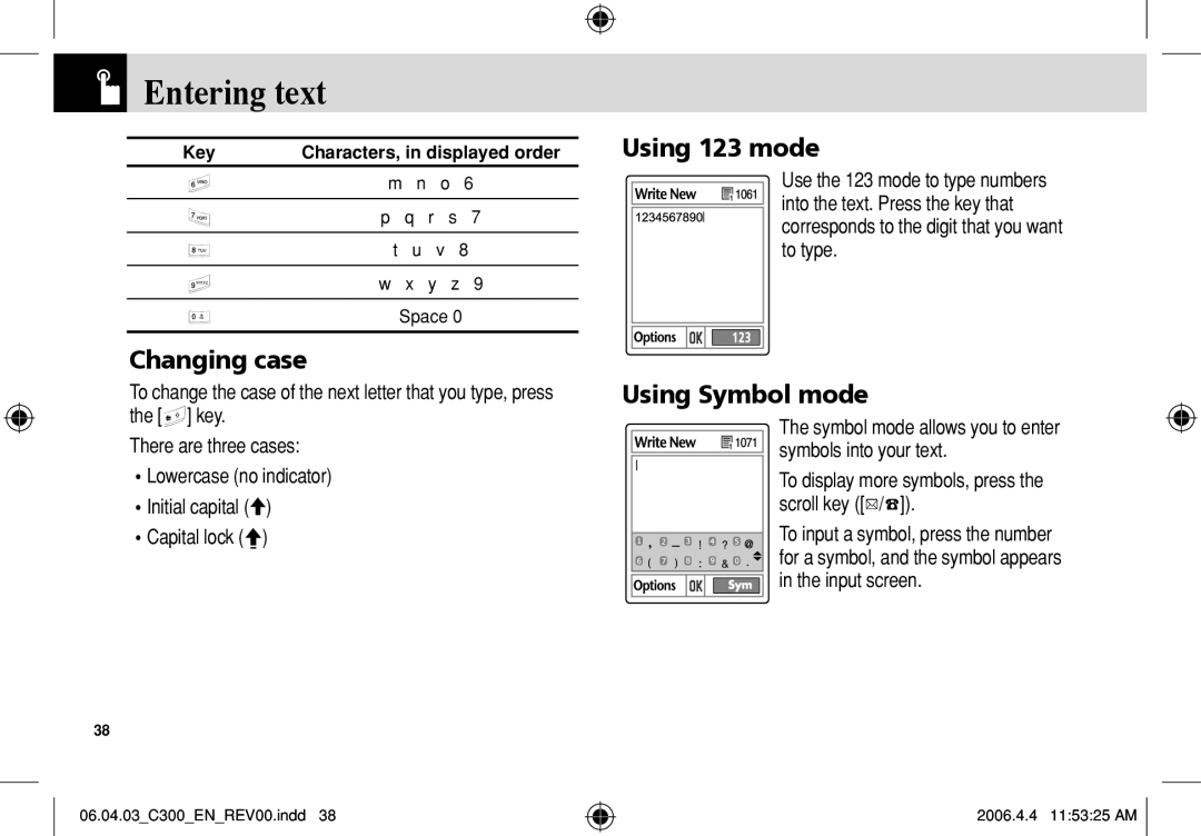 Pantech C300 manual Changing case, Using 123 mode, Using Symbol mode 