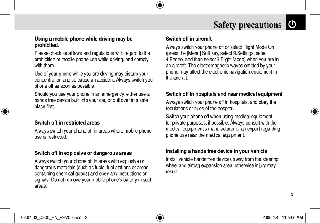 Pantech C300 manual Safety precautions 