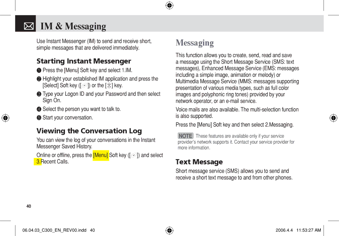 Pantech C300 manual IM & Messaging, Starting Instant Messenger, Viewing the Conversation Log, Text Message 