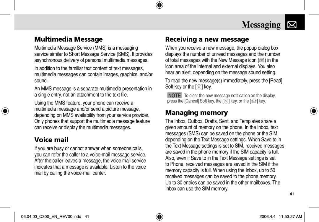 Pantech C300 manual Messaging, Multimedia Message, Voice mail, Receiving a new message, Managing memory 