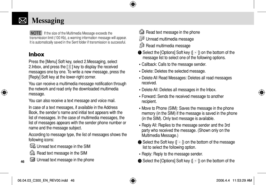 Pantech C300 manual Inbox, Unread text message in the phone 