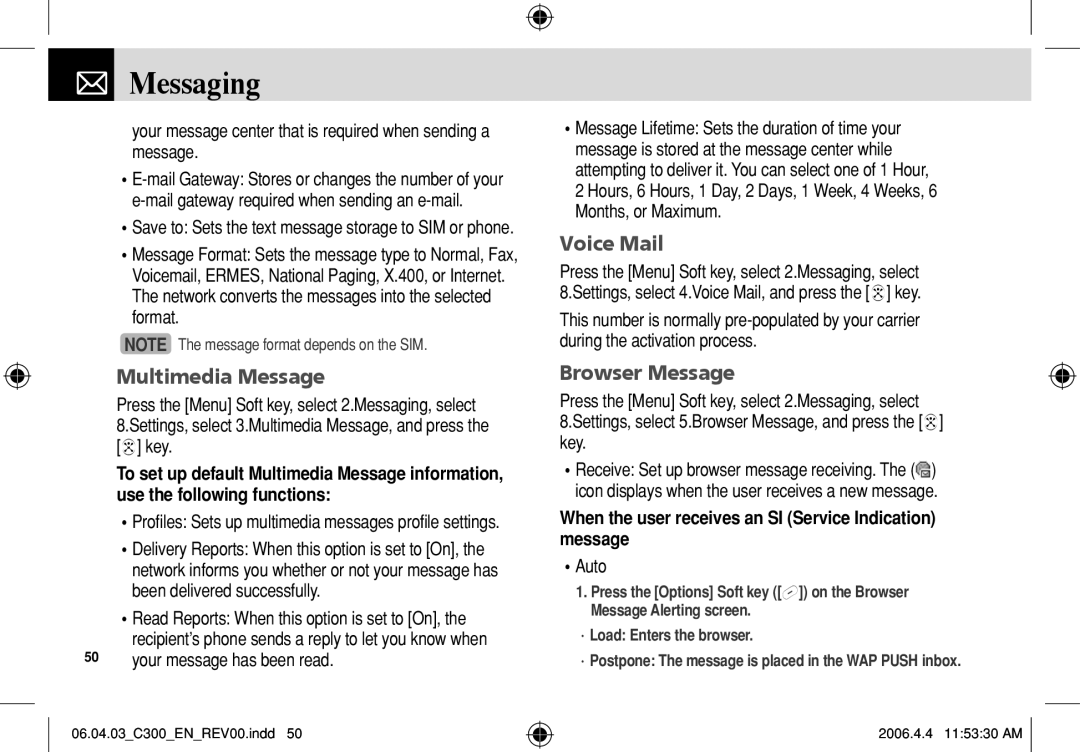 Pantech C300 manual Voice Mail, Browser Message, When the user receives an SI Service Indication message 