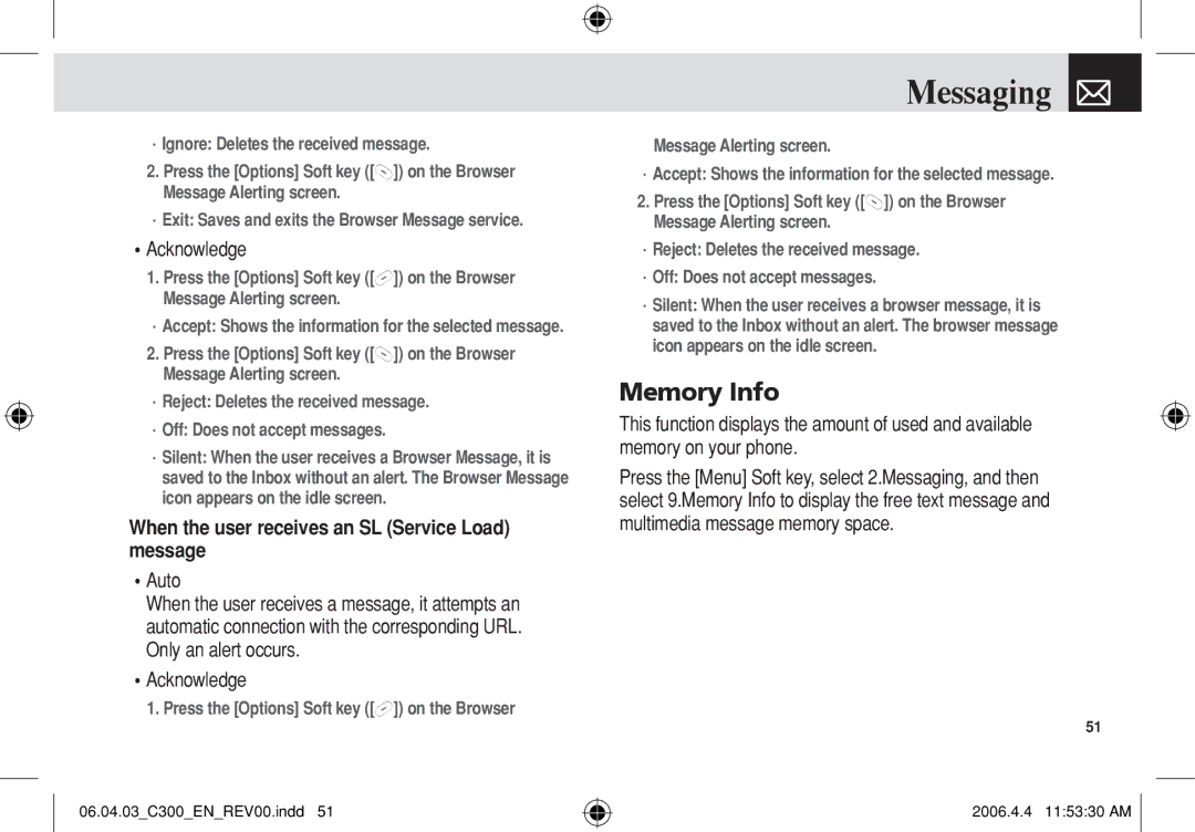 Pantech C300 manual Memory Info, Acknowledge, When the user receives an SL Service Load message 