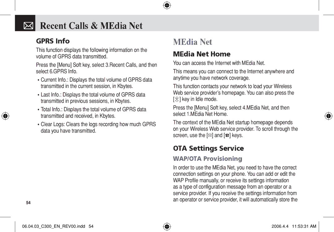 Pantech C300 manual Recent Calls & MEdia Net, Gprs Info, MEdia Net Home, OTA Settings Service 