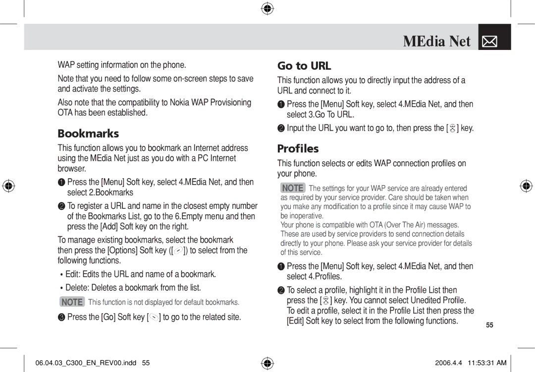 Pantech C300 manual MEdia Net, Bookmarks, Go to URL, Profiles 