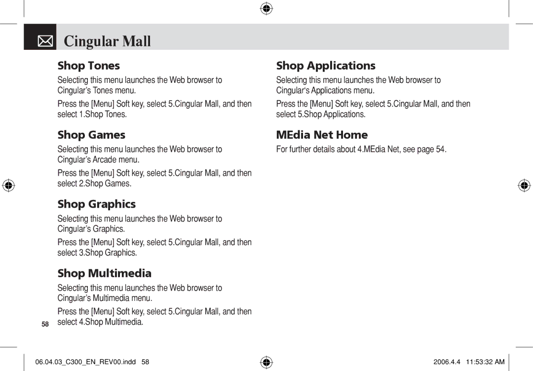 Pantech C300 manual Cingular Mall 