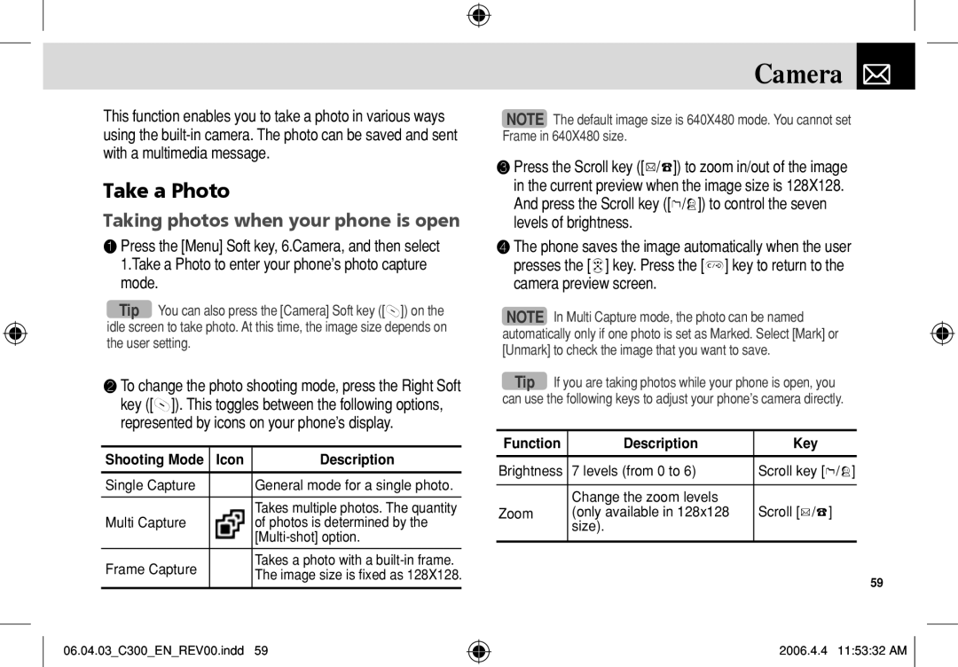 Pantech C300 manual Camera, Take a Photo, Taking photos when your phone is open 