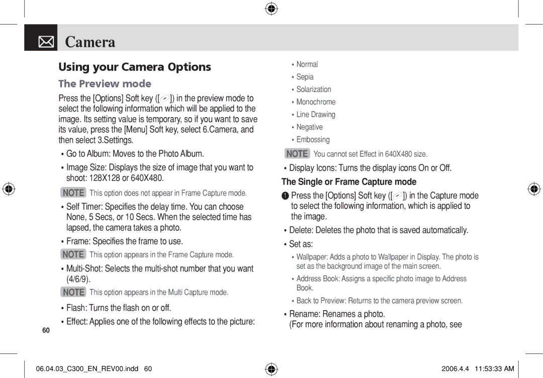 Pantech C300 manual Using your Camera Options, Preview mode, Display Icons Turns the display icons On or Off 