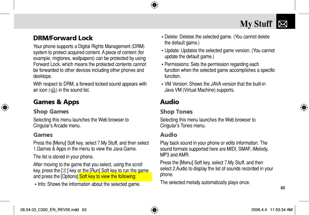 Pantech C300 manual My Stuff, DRM/Forward Lock, Games & Apps, Audio 