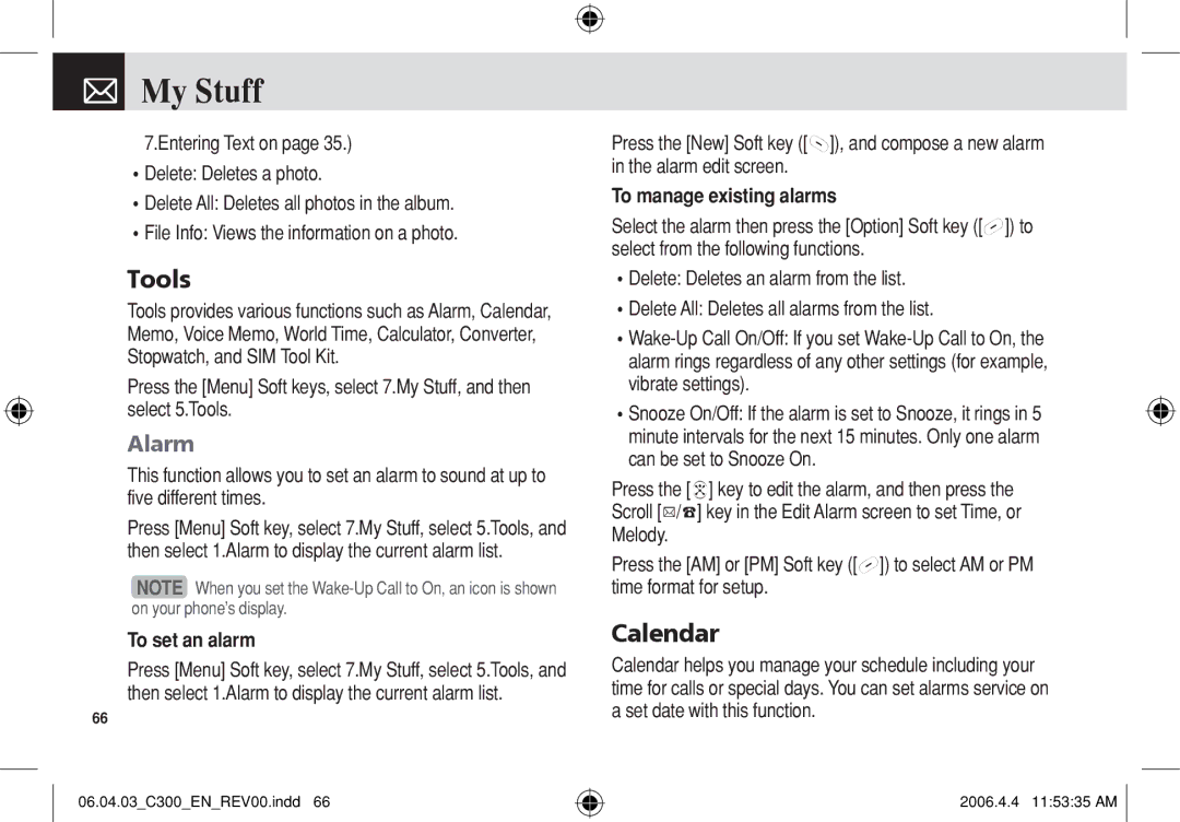 Pantech C300 manual Tools, Calendar, Alarm, To set an alarm, To manage existing alarms 