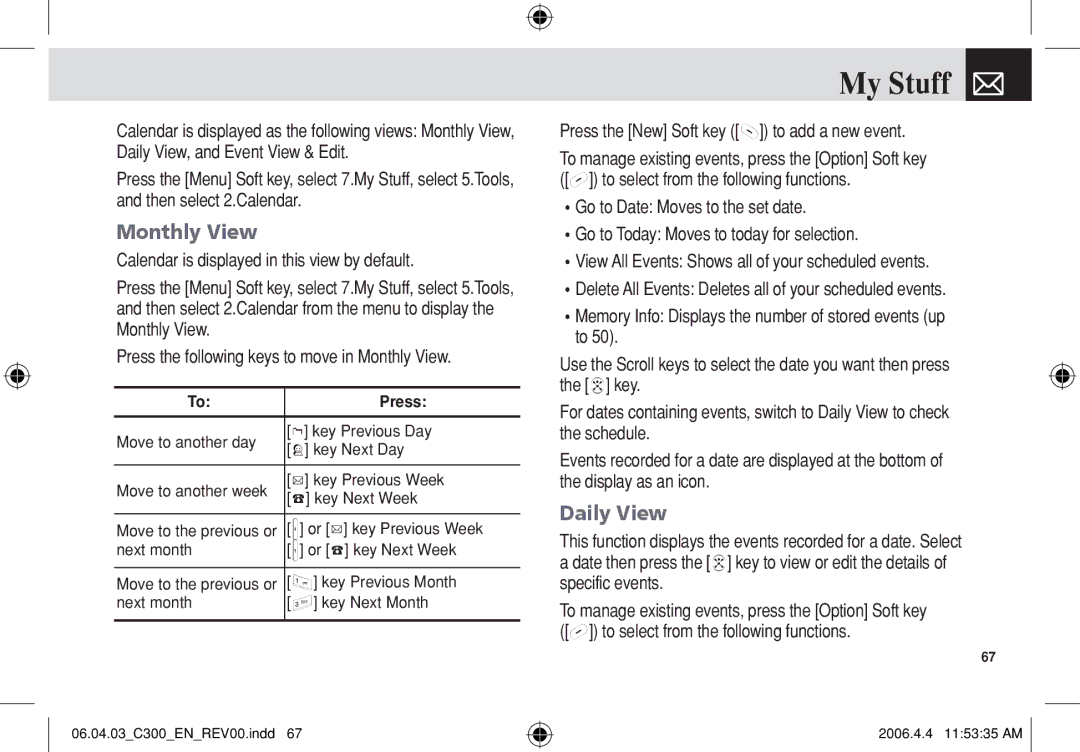 Pantech C300 manual Monthly View, Daily View, Press the New Soft key to add a new event 