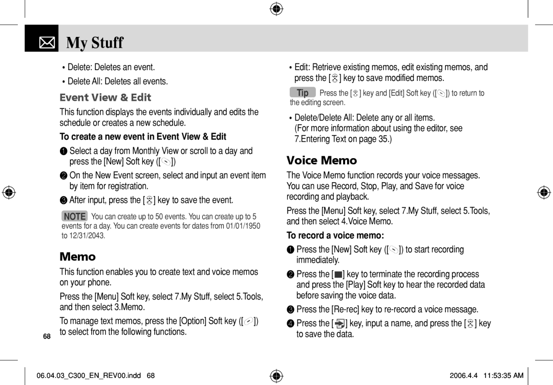 Pantech C300 manual Voice Memo, To create a new event in Event View & Edit, To record a voice memo 