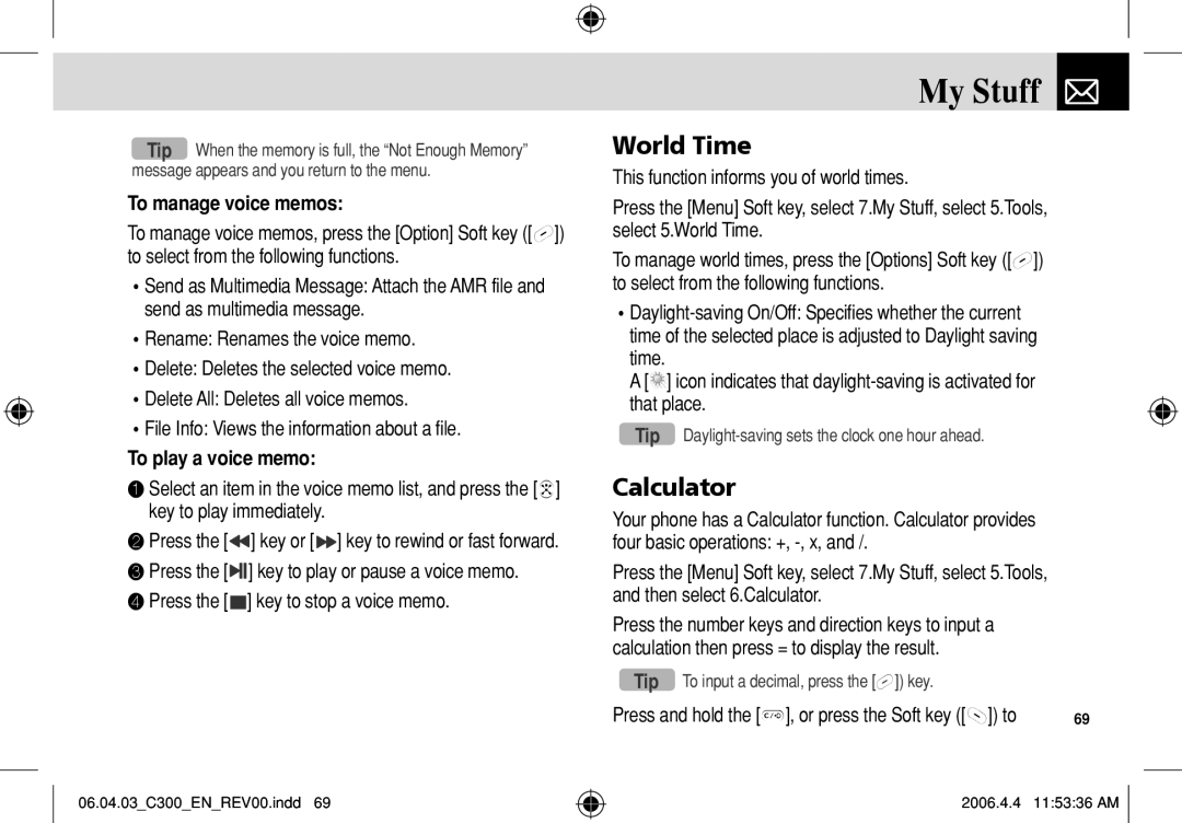 Pantech C300 manual World Time, Calculator, To manage voice memos, To play a voice memo 