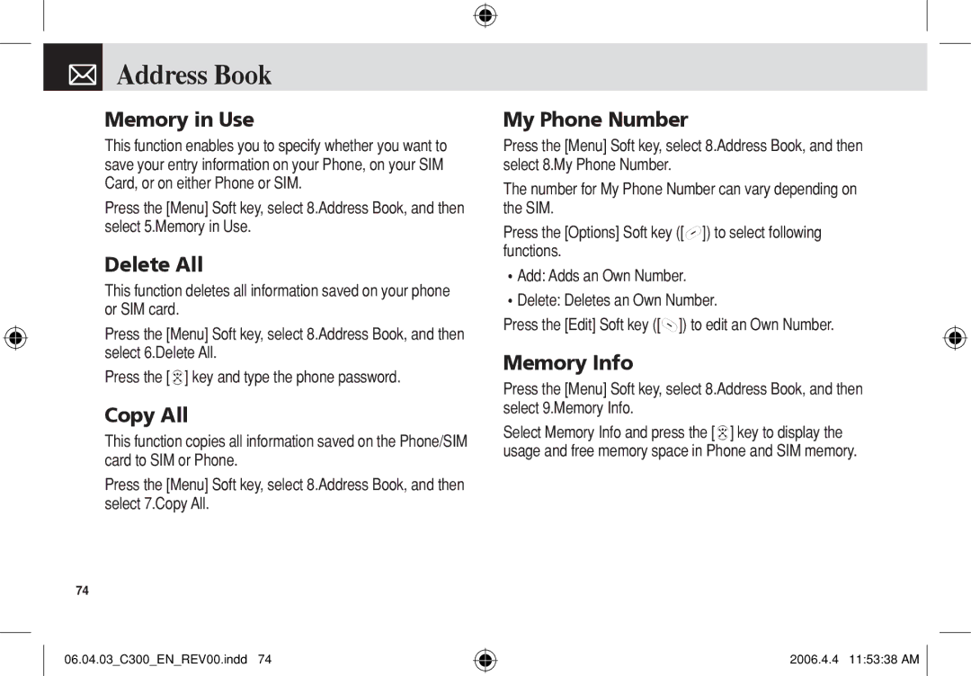 Pantech C300 manual Memory in Use, Delete All, Copy All, My Phone Number 