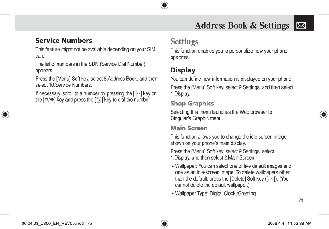 Pantech C300 manual Address Book & Settings, Service Numbers, Display, Main Screen 