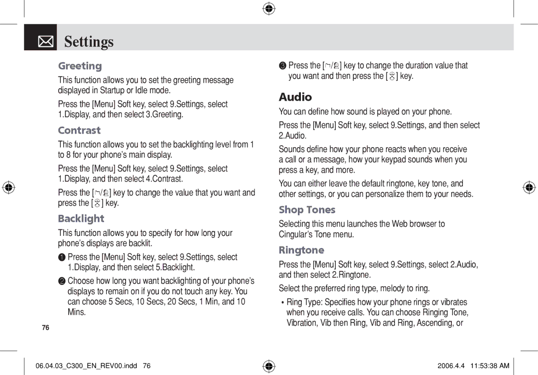 Pantech C300 manual Settings, Greeting, Contrast, Backlight, Ringtone 