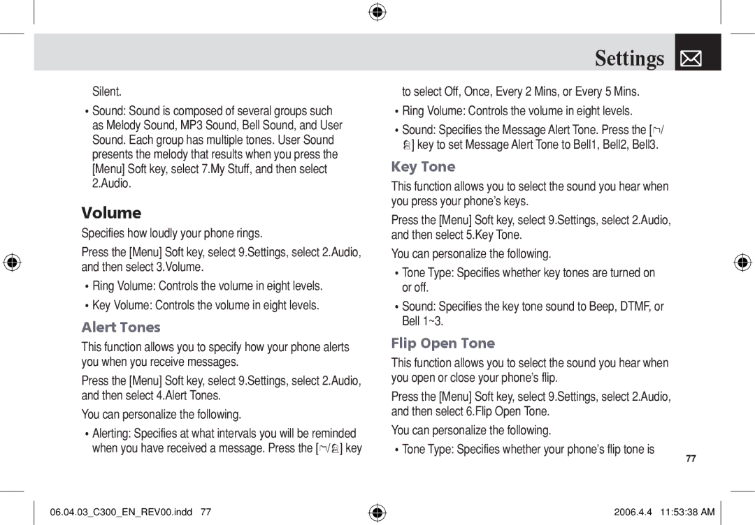 Pantech C300 manual Volume, Alert Tones, Key Tone, Flip Open Tone, Silent 
