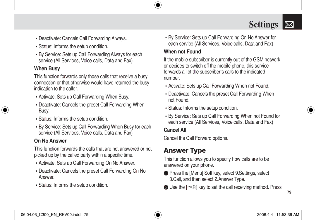 Pantech C300 manual Answer Type, When Busy, On No Answer, When not Found, Cancel All 