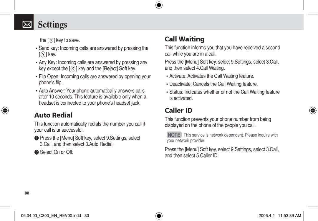 Pantech C300 manual Auto Redial, Call Waiting, Caller ID, ❷ Select On or Off 