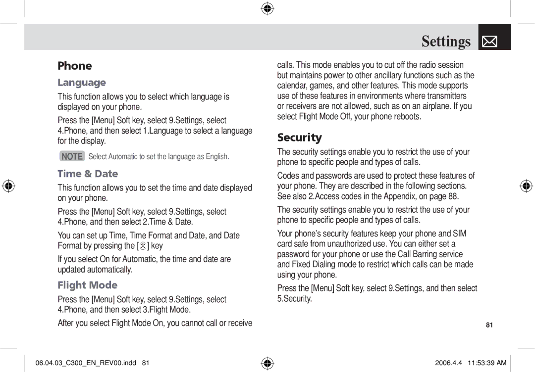 Pantech C300 manual Phone, Security, Language, Time & Date, Flight Mode 