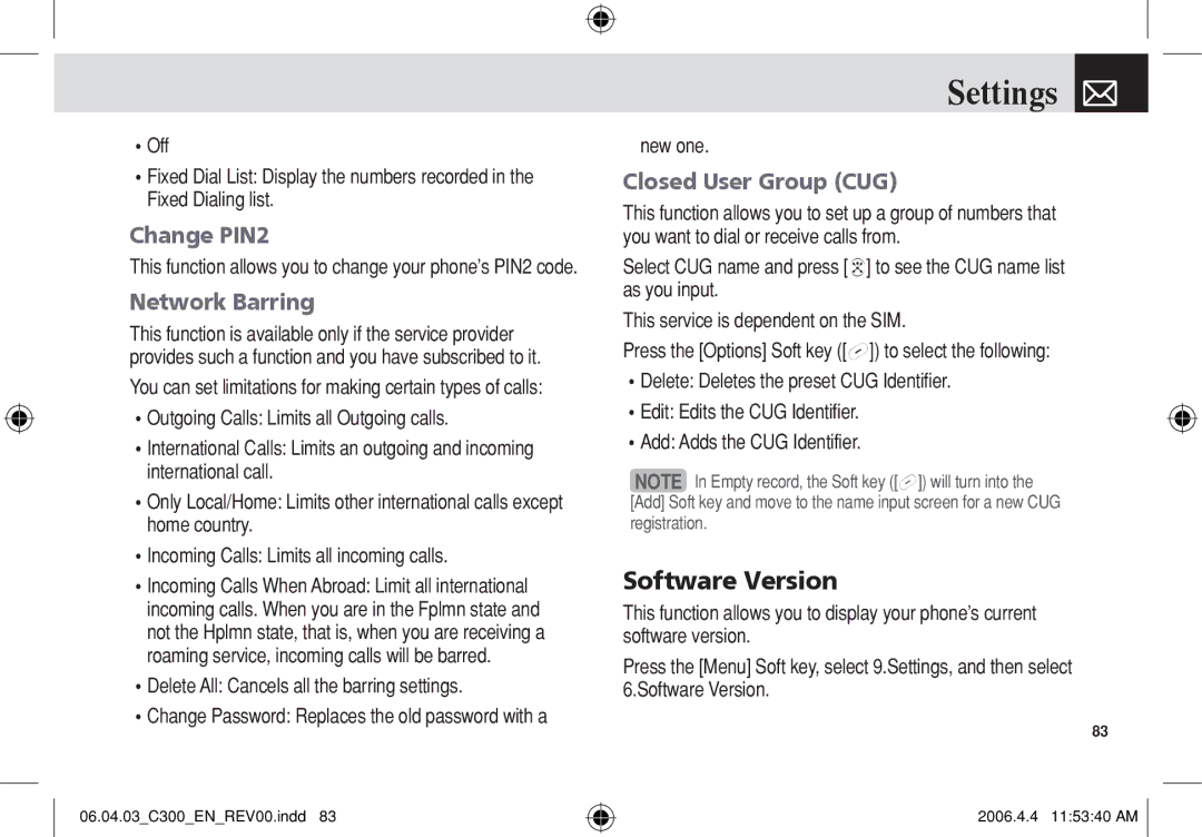 Pantech C300 manual Software Version, Change PIN2, Network Barring, Closed User Group CUG 