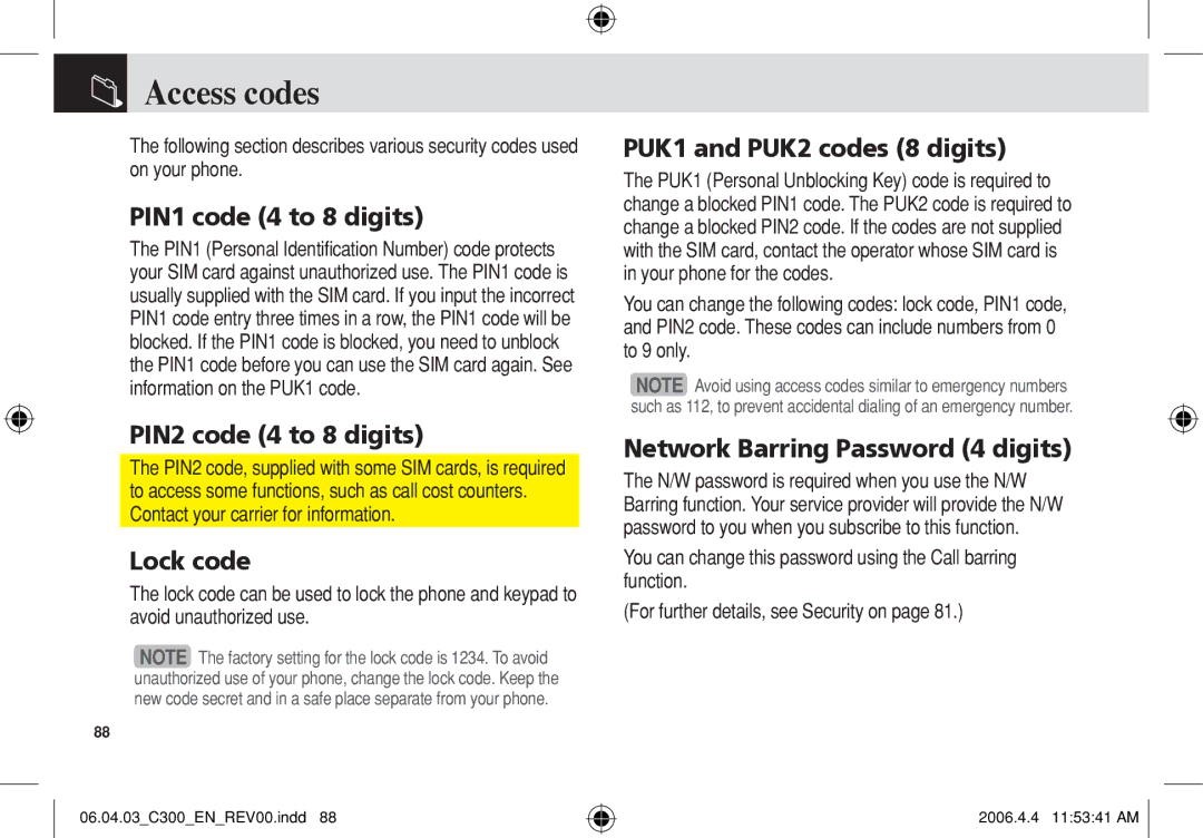 Pantech C300 manual Access codes 