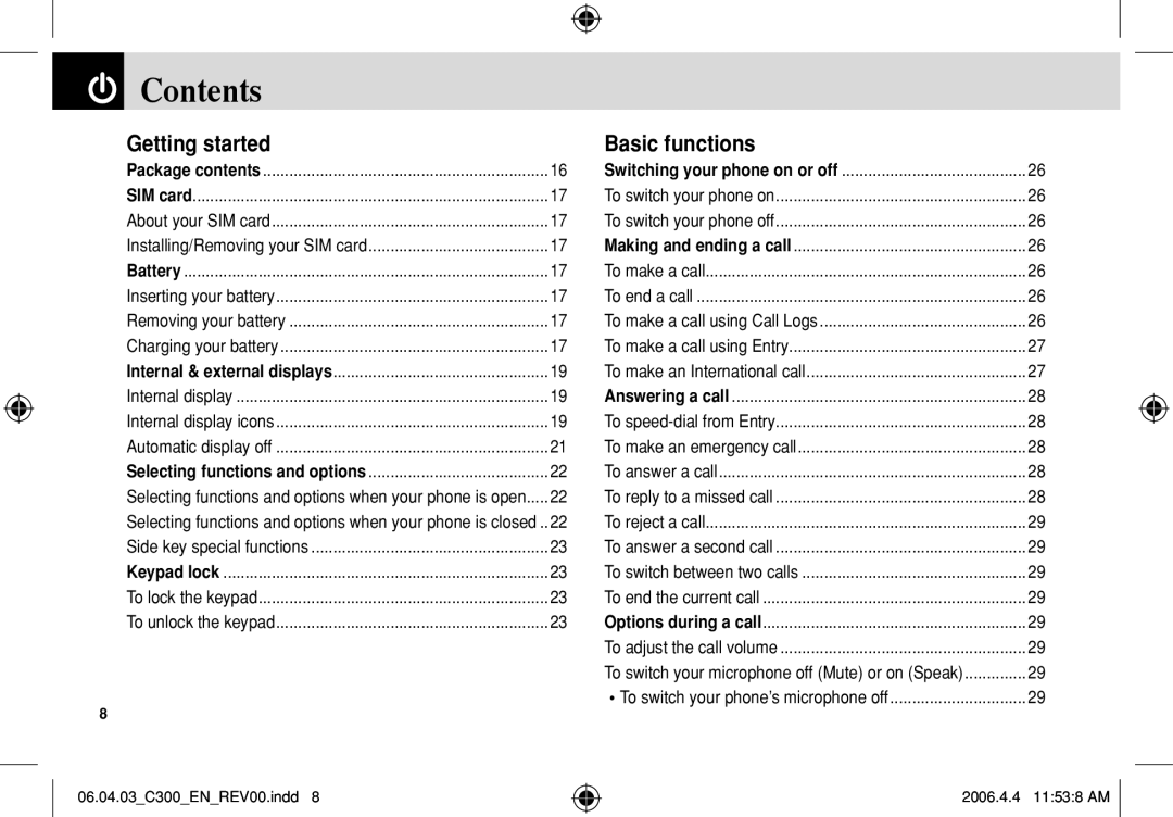 Pantech C300 manual Contents 