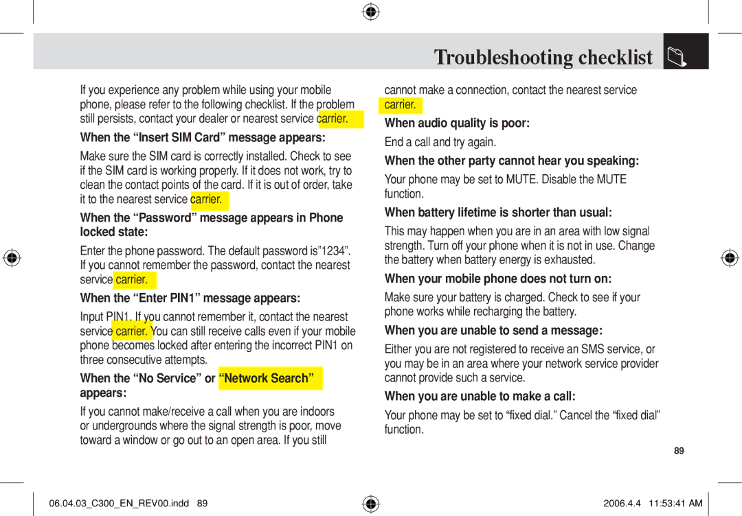 Pantech C300 manual Troubleshooting checklist 