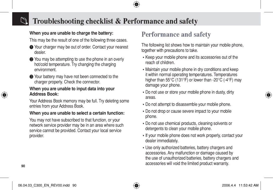 Pantech C300 manual Troubleshooting checklist & Performance and safety, When you are unable to charge the battery 