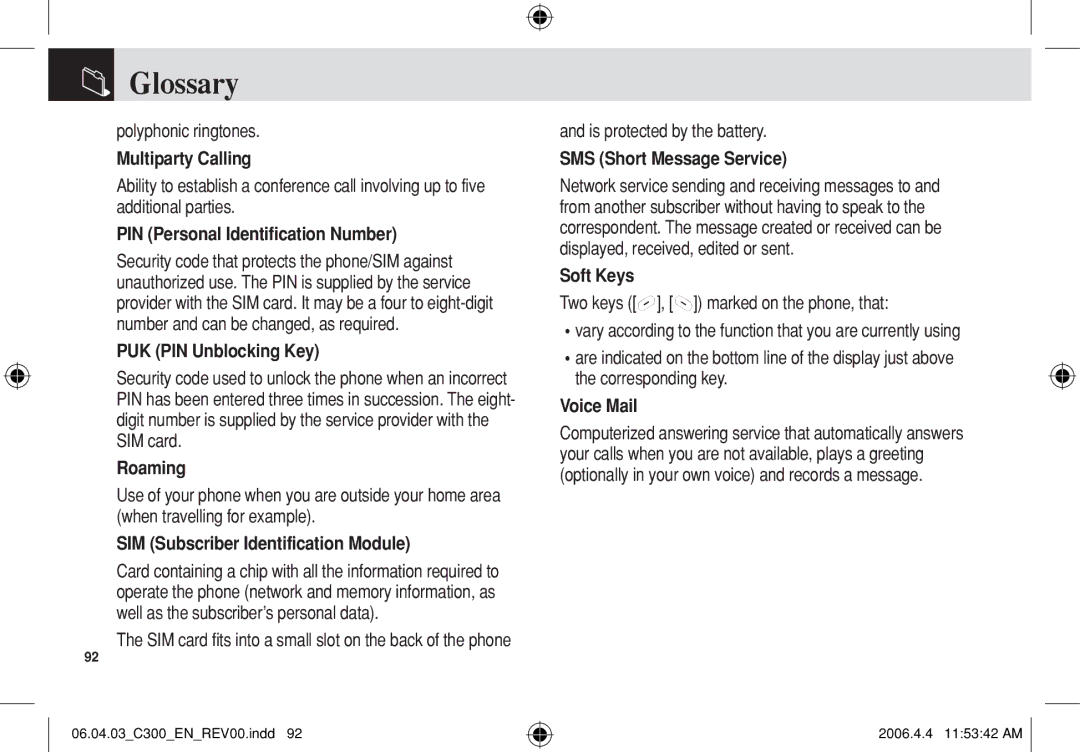 Pantech C300 manual Glossary 