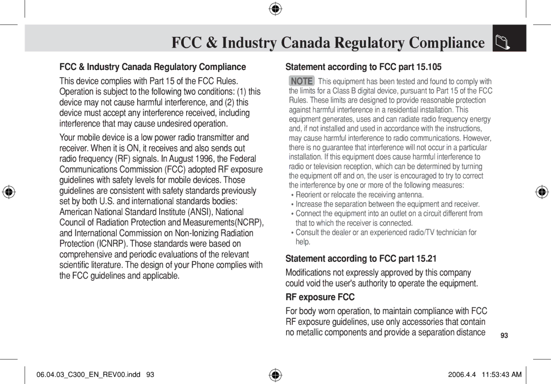 Pantech C300 manual FCC & Industry Canada Regulatory Compliance, Statement according to FCC part, RF exposure FCC 