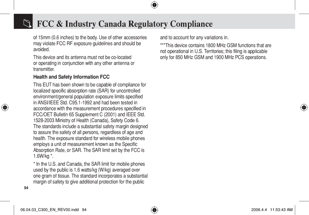 Pantech C300 FCC & Industry Canada Regulatory Compliance, Health and Safety Information FCC, To account for any variations 